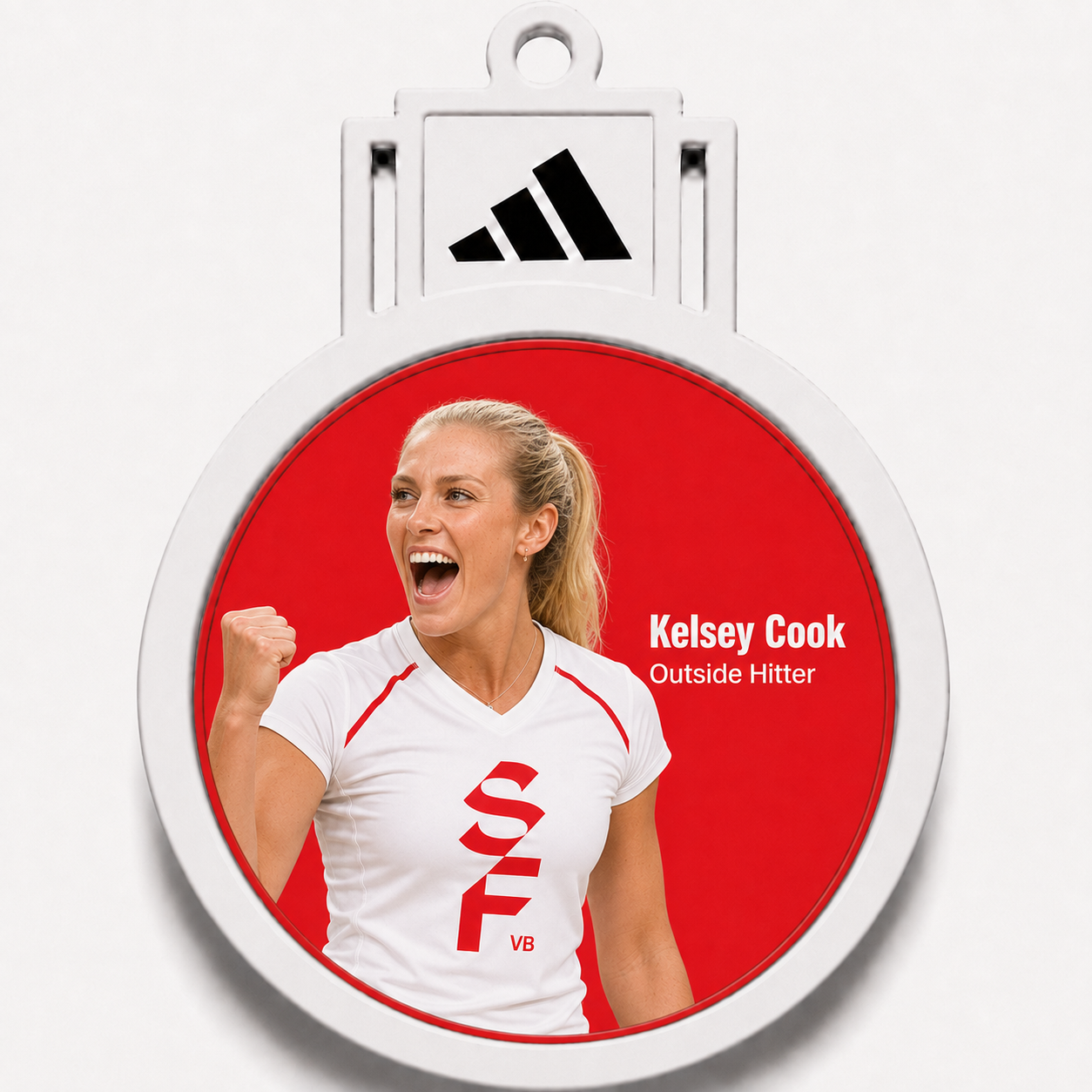Rodela W lanyard red SF VB badge featuring Kelsey Cook celebrating, with a sample sponsor mark on the BrandTab.