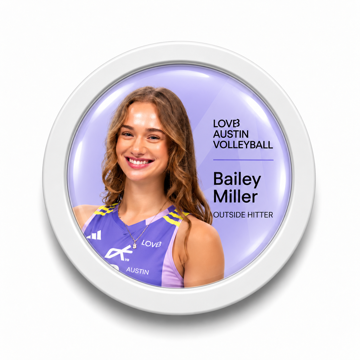 Rodela snap-on purple LOVB Austin Volleyball badge featuring Bailey Miller.