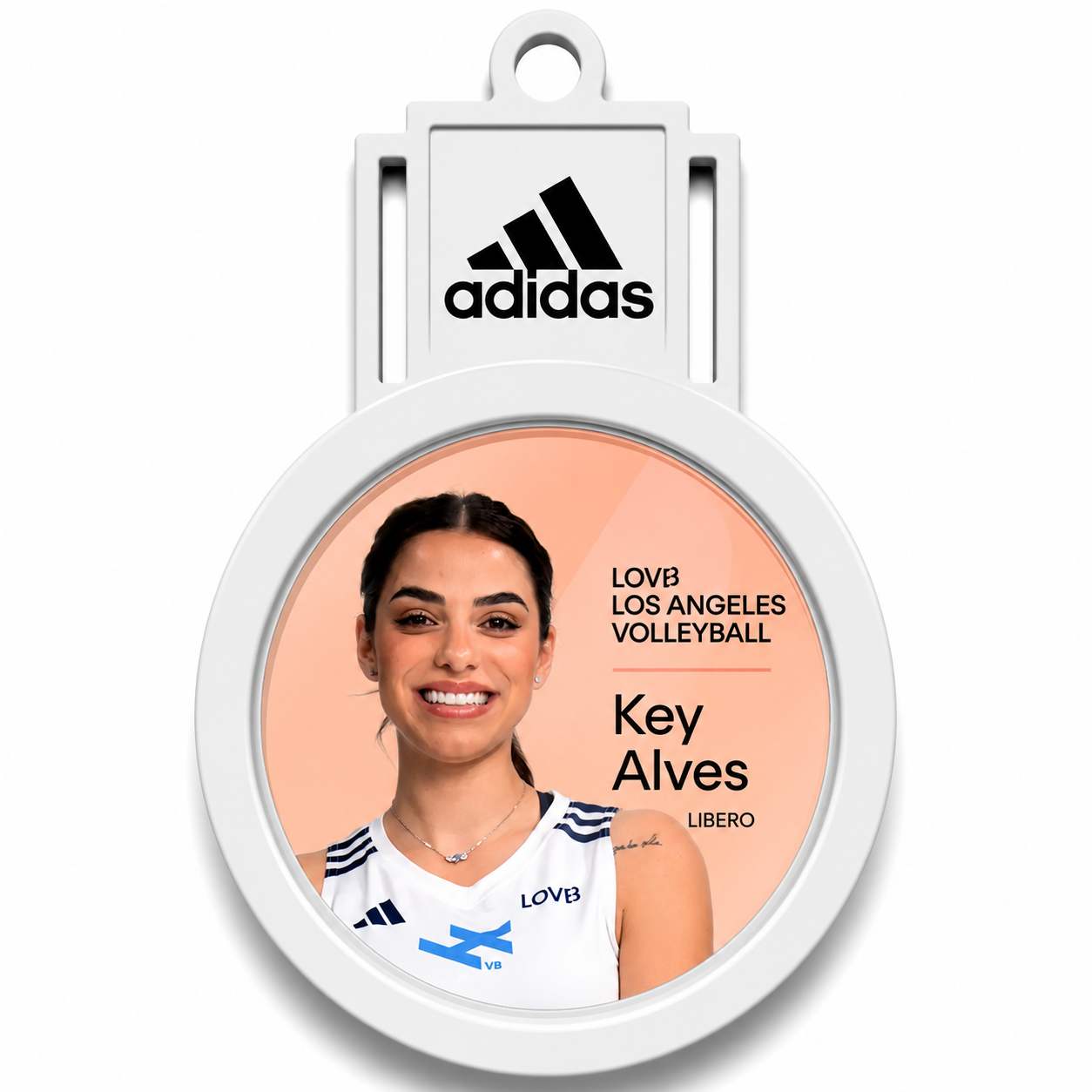 Rodela W lanyard peach LOVB Los Angeles Volleyball badge featuring Key Alves, with a sample sponsor mark on the BrandTab.