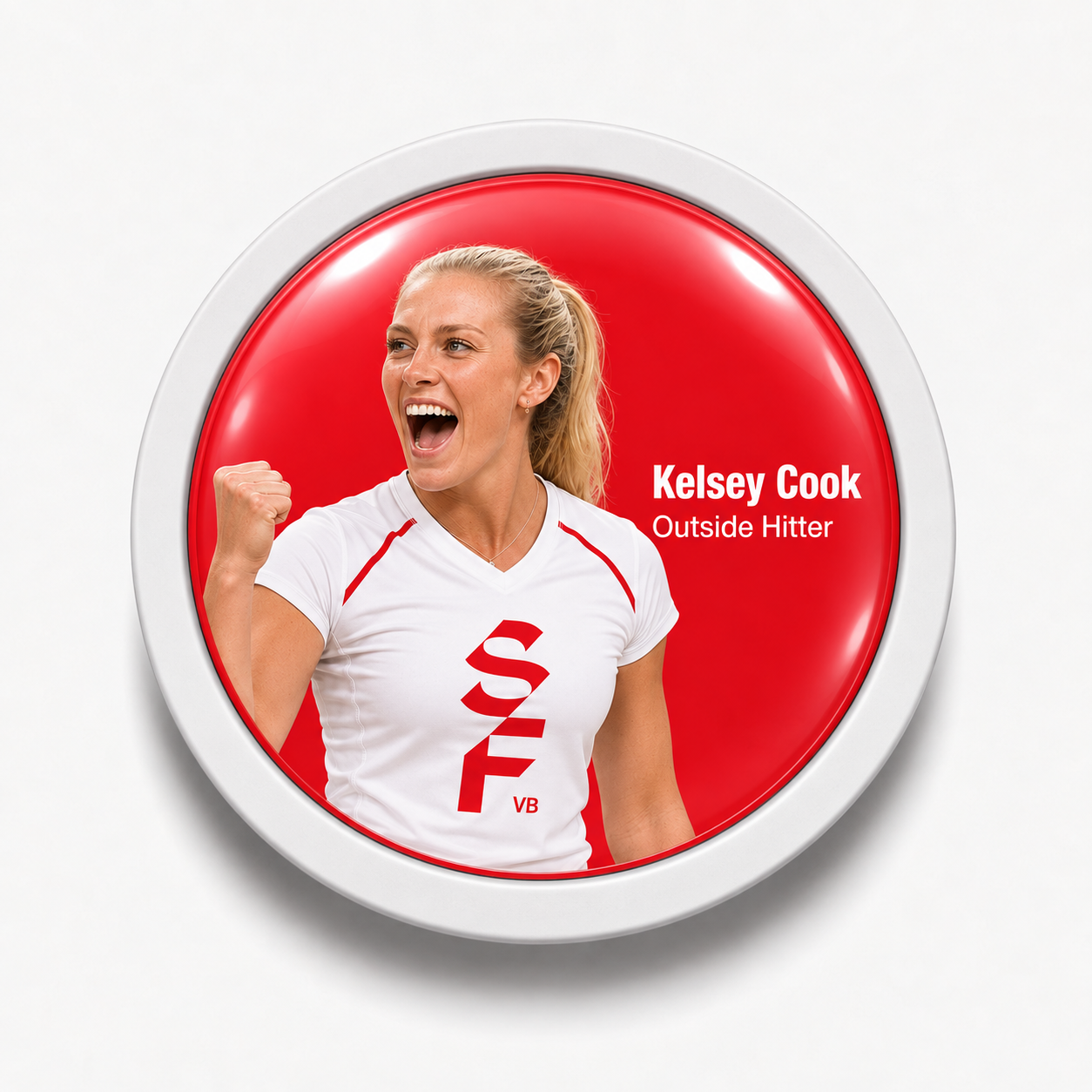 Rodela snap-on red SF VB badge featuring Kelsey Cook celebrating.