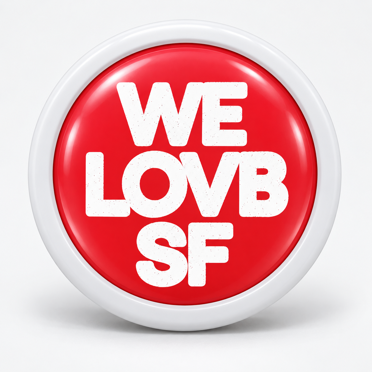 Rodela snap-on badge concept: red Rodela snap-on badge reading WE LOVB SF in bold white type.