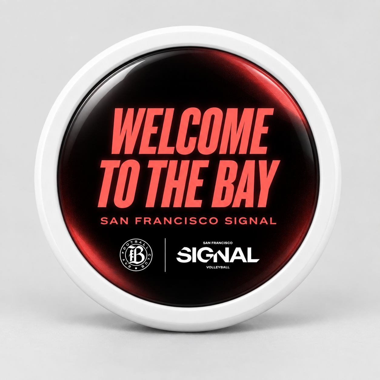 Rodela snap-on badge concept: black and red Rodela snap-on badge reading Welcome to the Bay, San Francisco Signal.