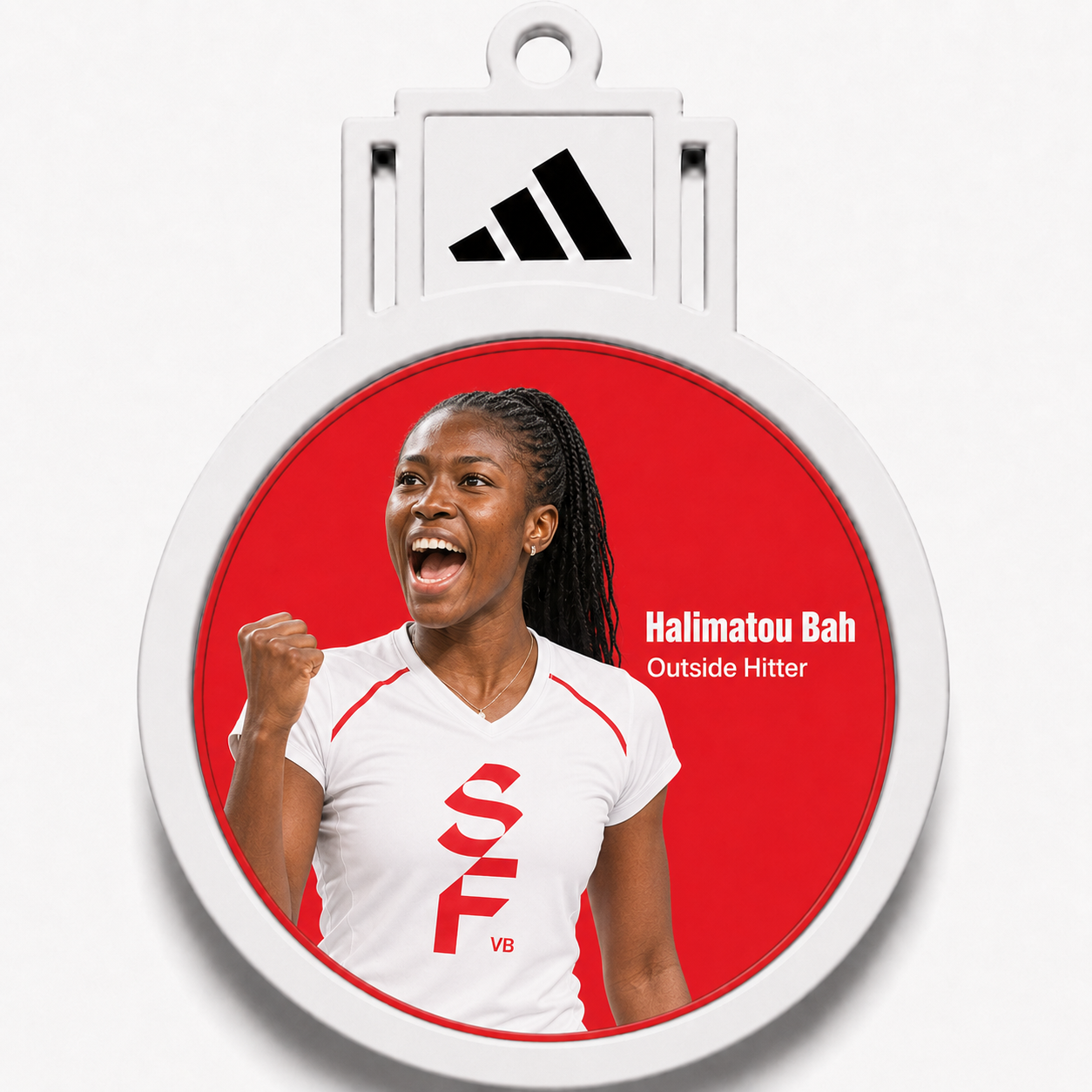 Rodela W lanyard red SF VB badge featuring Halimatou Bah celebrating, with a sample sponsor mark on the BrandTab.
