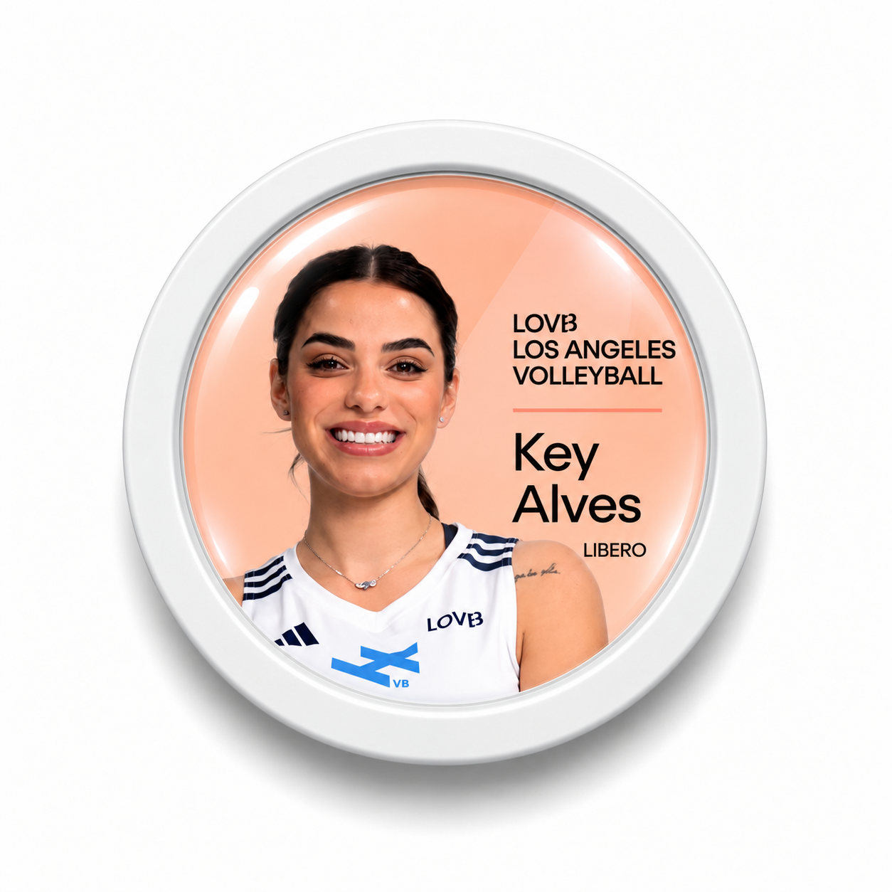 Rodela snap-on peach LOVB Los Angeles Volleyball badge featuring Key Alves.