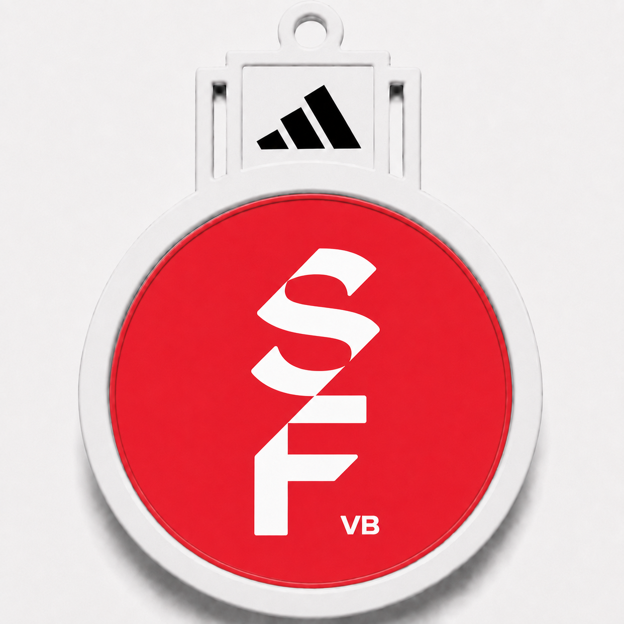 Rodela W badge: a flat round red LED badge with a white SF VB logo and an integrated BrandTab above it displaying a sample sponsor mark.