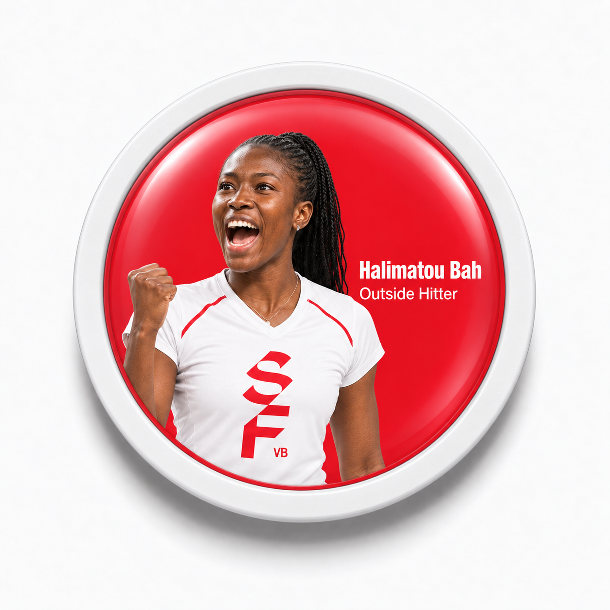 Rodela snap-on red SF VB badge featuring Halimatou Bah celebrating.