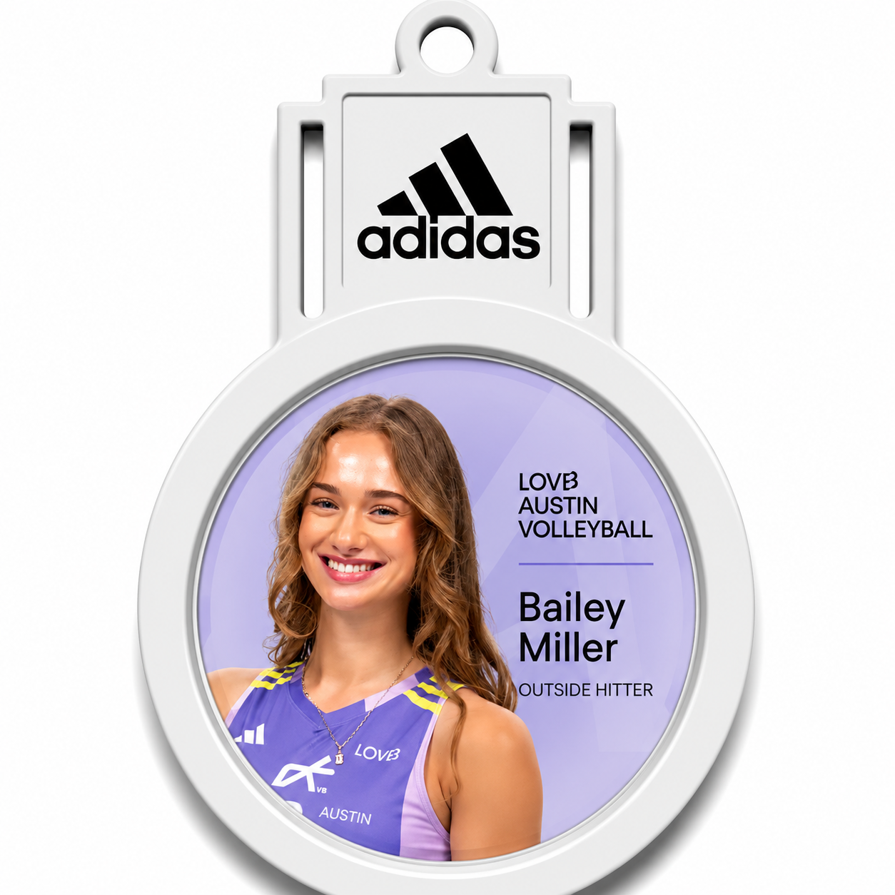 Rodela W lanyard purple LOVB Austin Volleyball badge featuring Bailey Miller, with a sample sponsor mark on the BrandTab.